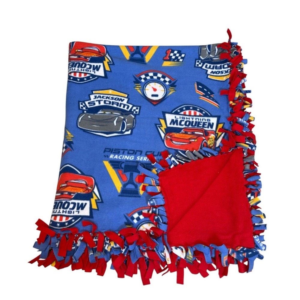 Handmade Disney Cars Fleece Blanket Double Layered Tied 96"x120" Red Backing